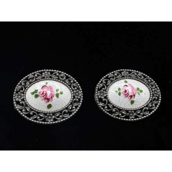 Vintage Signed Tip Toe Guilloche Enamel Hand Painted Rose Shoe Clips - Picture 1 of 10